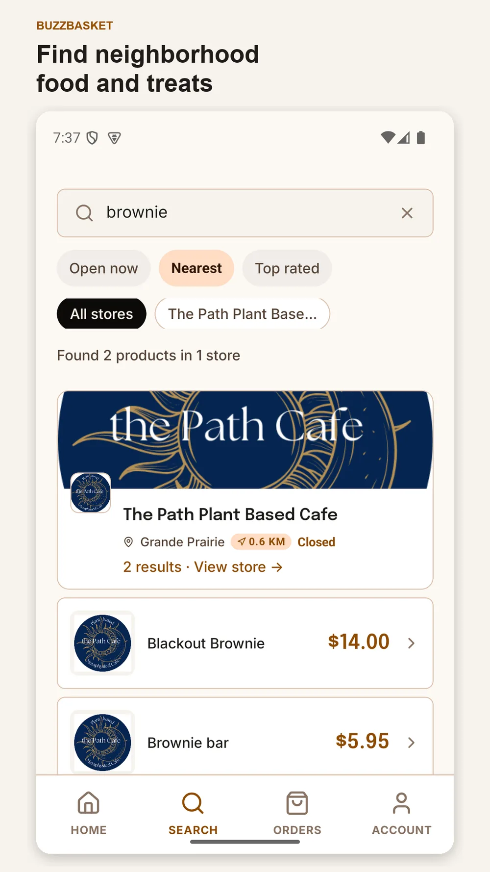 BuzzBasket Play Store creative — local delivery storefronts