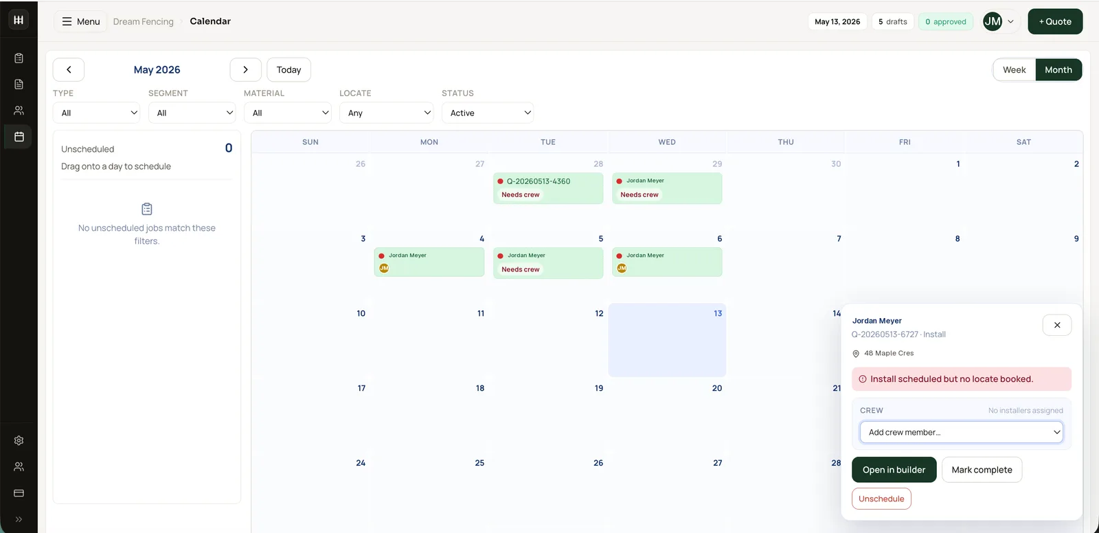 FenceTracer studio — install scheduling calendar