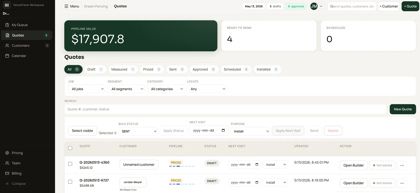 FenceTracer studio — quotes pipeline and job values