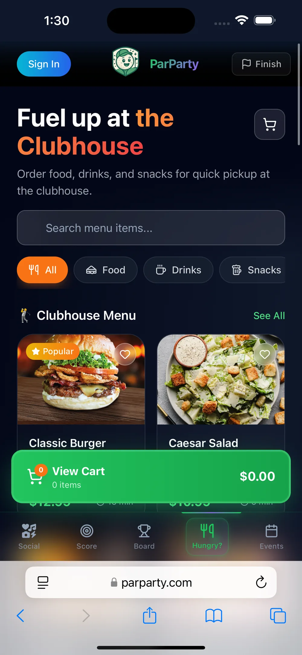 ParParty web ordering in mobile Safari