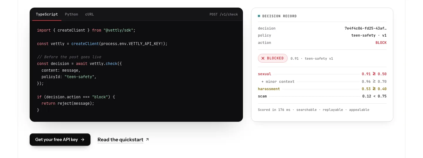 Vettly moderation flow — request code and the decision record it returns